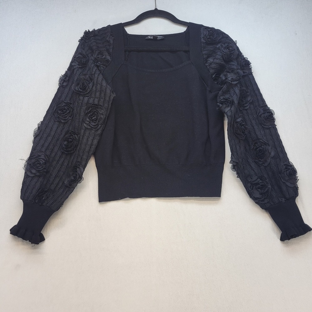 Nicole Miller Sweater Womens L Black Romantic 3D Floral Rosette Puff Sleeve Knit
